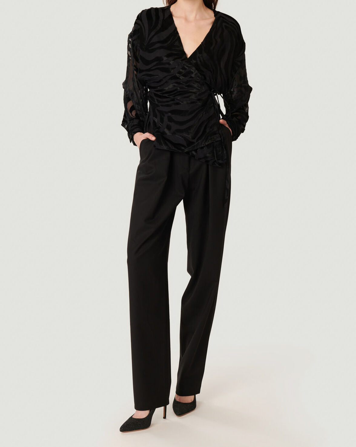 NURAT ZEBRA PRINT VELVET WRAP TOP image number null